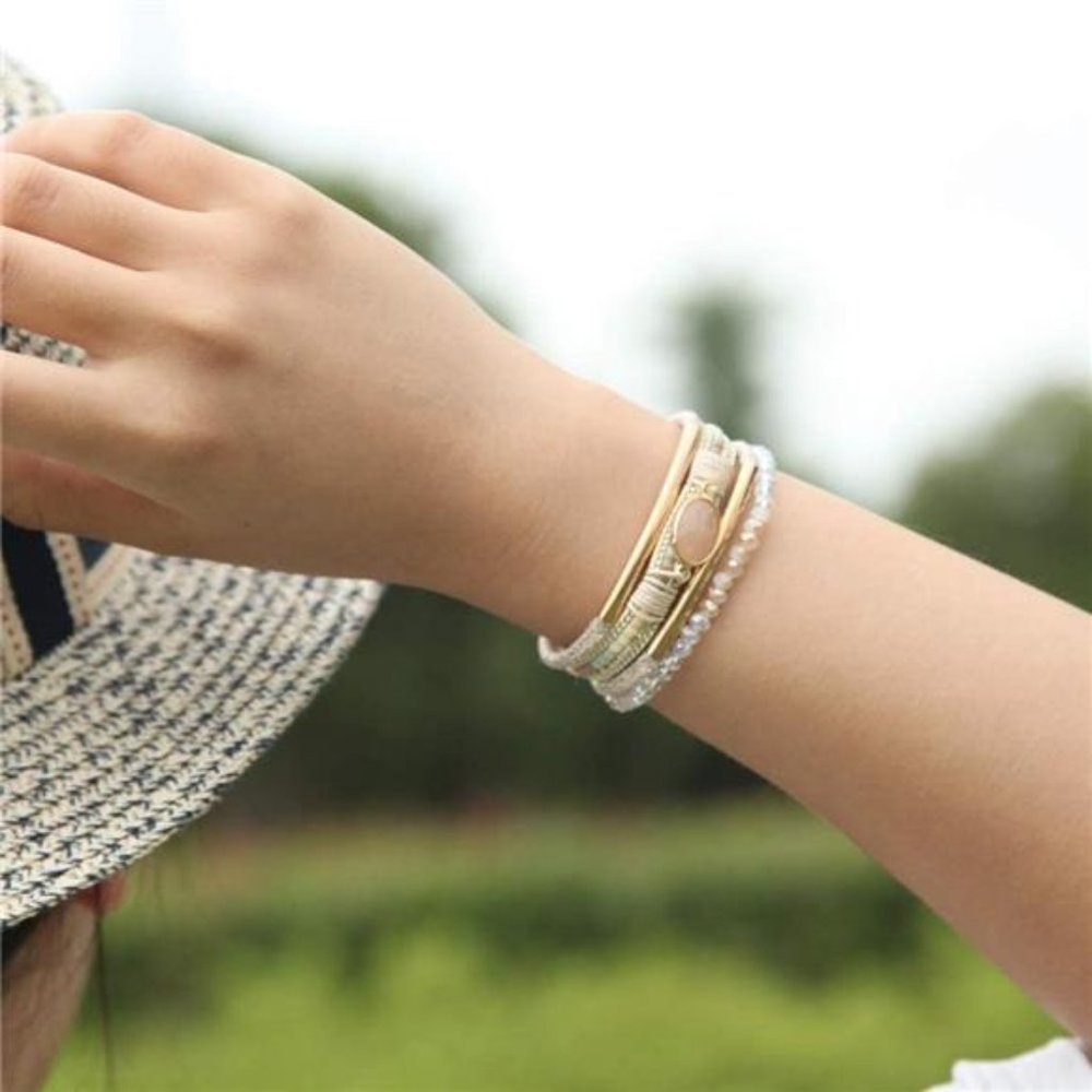 Crystal Beaded Leather Wrap Bracelet - Boho Cuff Stone Charm Bracelet
